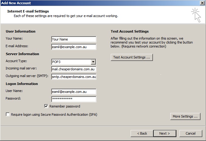 Outlook 2010 Email Account Settings